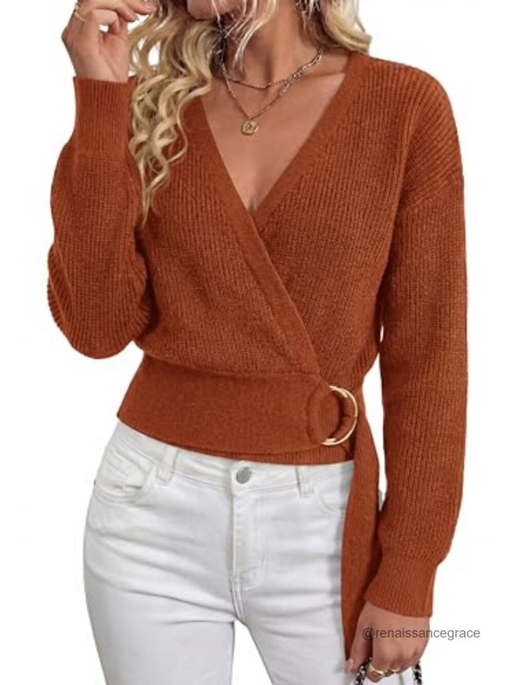 Women's V-Neck Wrap Belted Knit Sweater Long Sleeve Chunky Pullover